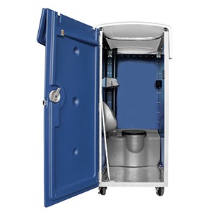 Blue Onsite High Rise Portable Restroom - High rise interior door open